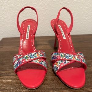 New Manolo Blahnik Lasista Floral Leather Slingback